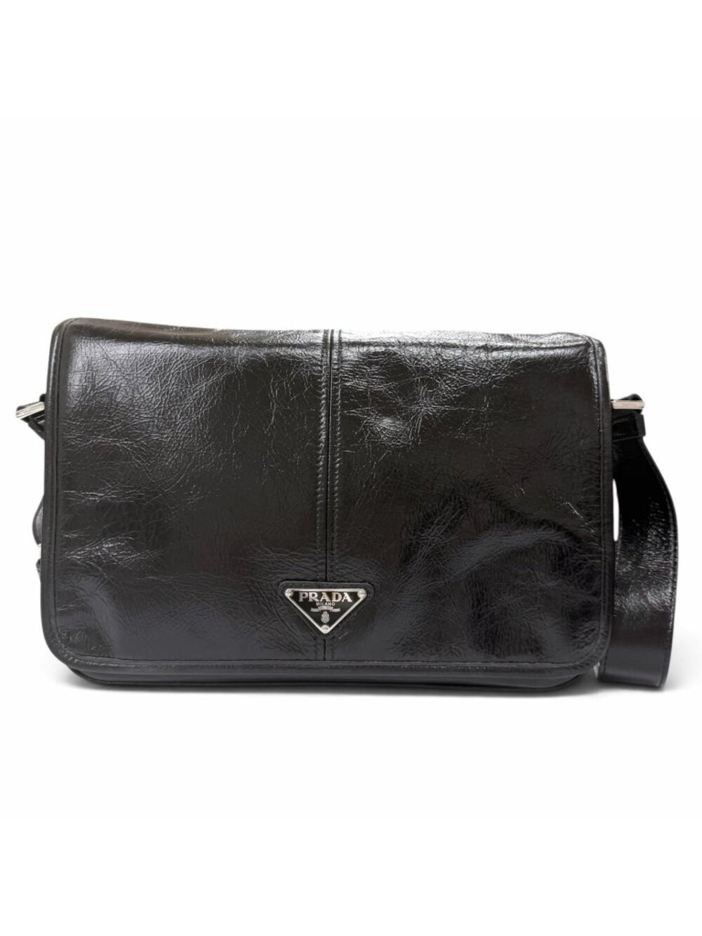 Prada Soft Looks Leather Triangle Logo Plate Shoulder Bag Black